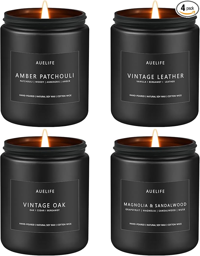Scented Candles Set | Candle for Men, Soy Candles for Home Scented, Gifts for Men - Mens Gifts, 4 Pack Candle Gift for Dad Fathers Day (Leather/Vintage Oak/Amber Patchouli/Magnolia & Sandalwood)