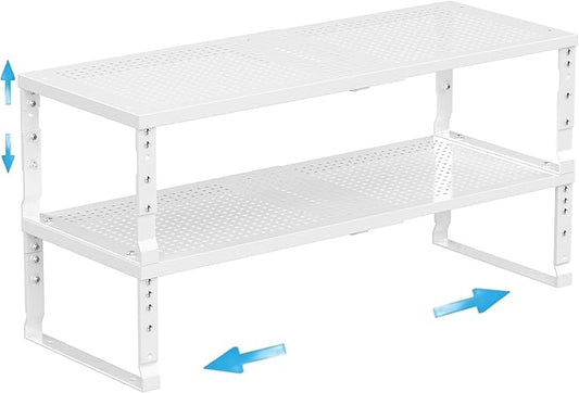 Expandable Spice Rack Kitchen Cabinet Shelf Organizer, Stackable Storage Shelves Racks, Adjustable Counter Shelving for Cabinets, Countertop, Cupboard,Pantry and More(2Packs/White/Medium)