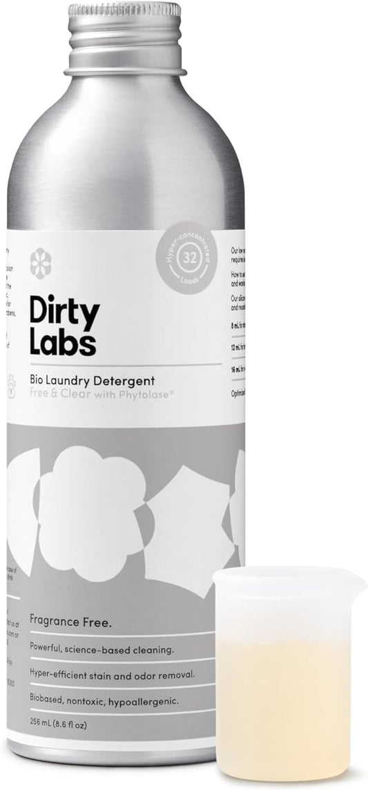 Dirty Labs | Scent Free | Bio-Liquid Laundry Detergent | 32 Loads (8.6 fl oz) | Hyper-Concentrated | High Efficiency & Standard Machine Washing | Nontoxic, Biodegradable | Stain & Odor Removal