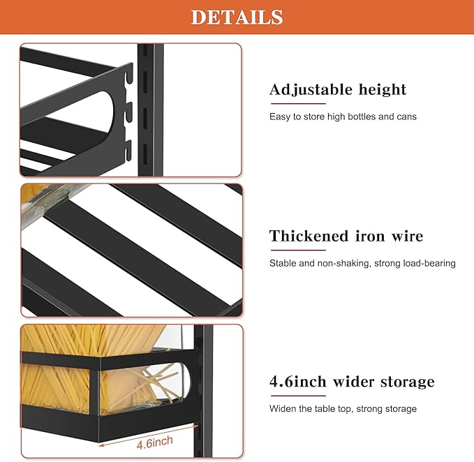 X-cosrack Wall Mount Spice Rack Organizer 5 Tier Height-Adjustable Hanging Spice Shelf Storage for Kitchen Pantry Cabinet, Dual-Use Seasoning Holder Rack with Hooks, Black-Patented