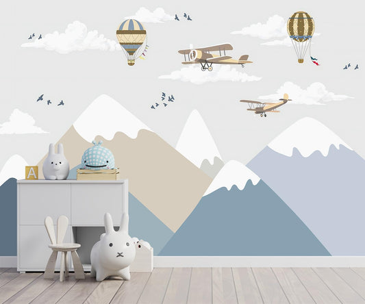 -Children's Room Cartoon Balloon Mountain Fabric Wallpaper Nursery Mural 180" x 115" (Not Peel and Stick)