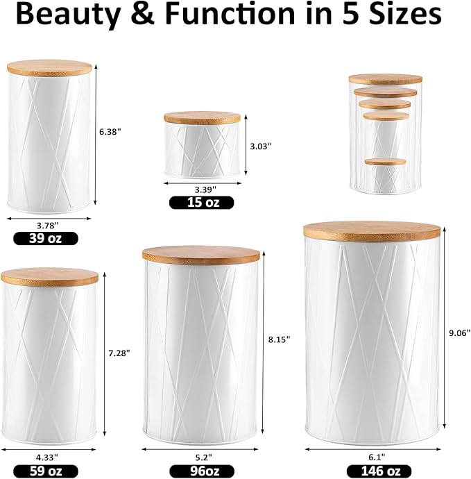 White Canister Sets for Kitchen Counter, Kitchen Canisters Set of 6, Flour and Sugar Containers, Coffee and Tea Storage, Modern Farmhouse Kitchen Decor
