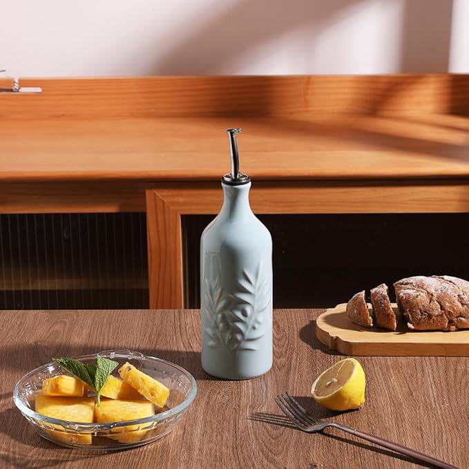 Sweejar Ceramic Olive Oil Dispenser Bottle, 20 Oz Relief Opaque Oil Cruet Protects Oil To Reduce Oxidation, Suitable for Storage Oil, Vinegar, Soy Sauce, Coffee Syrup, Liquids, Set of 1 (Light Blue)