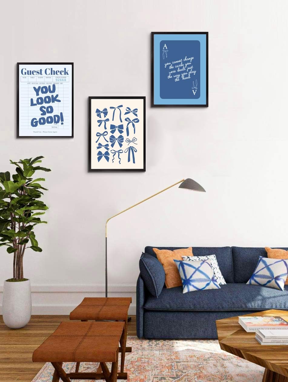 Blue Preppy Wall Art Set of 3 Trendy Navy Bow Posters Retro Guest Check Canvas Prints Poker Painting Minimalist Positive Quote Picture Decor Aesthetic for Living Room Dorm Apartment 12x16in Unframed