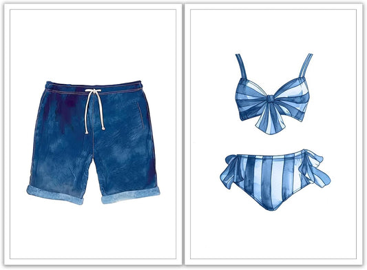 Liyark Set of 2 Retro Navy Blue And White Swimsuit Art Posters Beach Bathing Suit Prints Painting Beach House Wall Art Coastal Wall Decor Pictures For Bathroom Home Decoration 12x16in Unframed