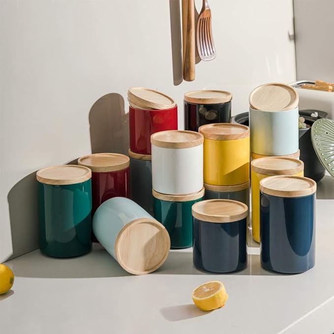 Sweejar Kitchen Canisters Ceramic Food Storage Jar, Stackable Containers with Airtight Seal Wooden Lid for Serving Ground Coffee, Tea, Sugar, Salt and More - 28 Fl Oz (White)