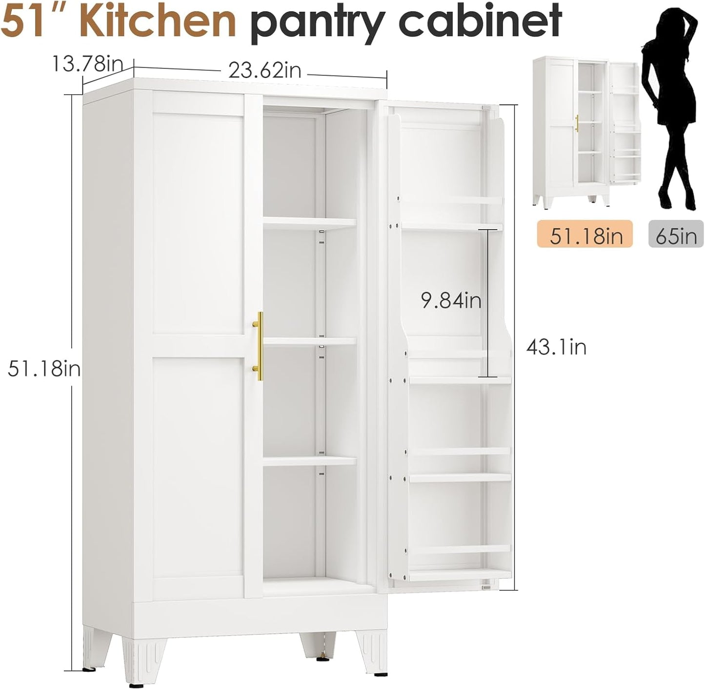 51" Kitchen Pantry Cabinet, Metal Storage Cabinet with 3 Adjustable Layer Shelves, 8 Door Shelves, Buffet Sideboard for Living Room, Kitchen, White