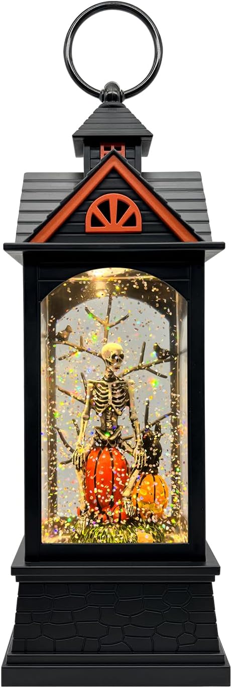 Halloween Snow Globe Lantern with 6 Hour Timer,Halloween Decorations Indoor for Home,Halloween Decor,USB or Battery Powered for Halloween Lanterns,Halloween Skeleton-B