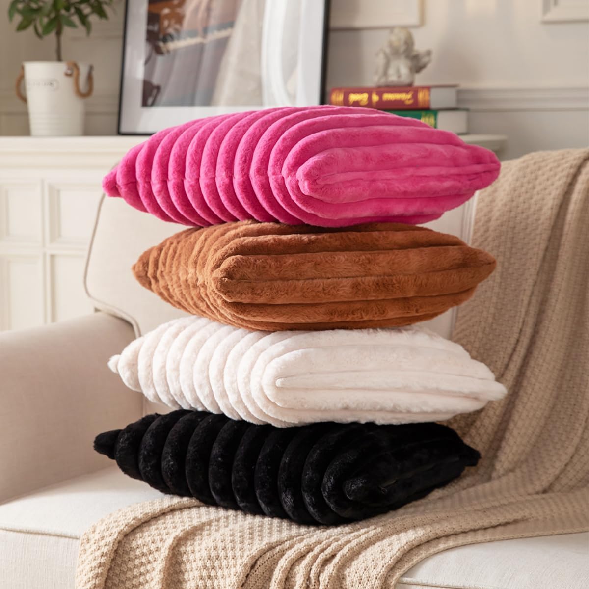 DEELAND Pack of 2,Double-Sided Faux Fur Plush Decorative Throw Pillow Covers Fuzzy Striped Soft Pillowcase Cushion Covers for Sofa Couch Bedroom Black 22x22 inch