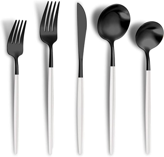 Matte Black White Silverware Set for 4,Modern Stainless Steel Brushed Cutlery Set,20-Pieces Heavy Duty Flatware Set,Knives Spoons and Forks Set Utensils Set, Satin Finish, Dishwasher Safe
