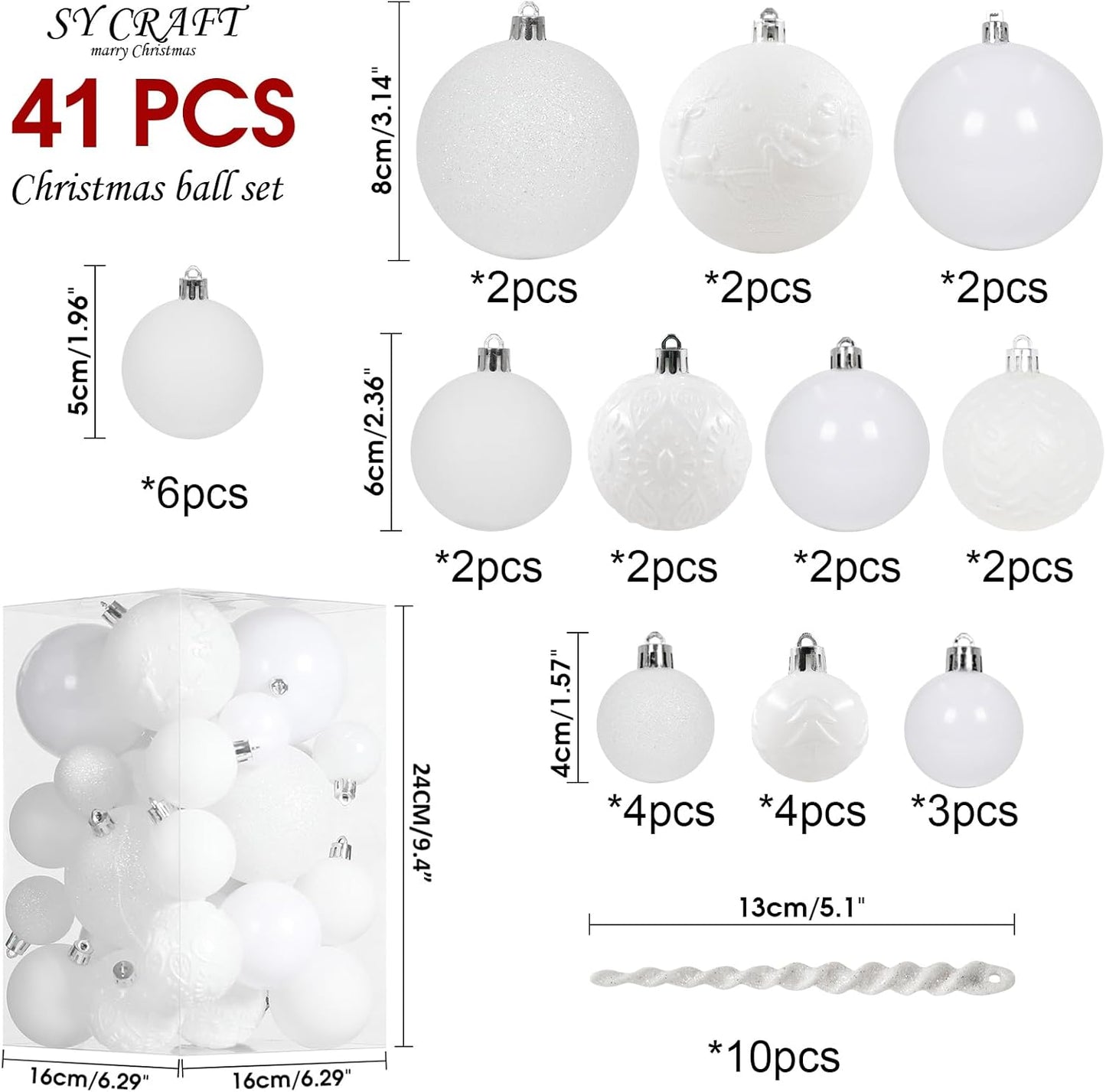 Christmas Ball Ornaments for Christmas Decorations - 41 Pieces Xmas Tree White Shatterproof Ball Ornaments with Hanging Loop for Holiday and Party Decoration