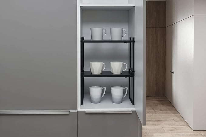 Nxconsu Expandable Cabinet Shelf Organizer Riser for Kitchen Pantry Cupboard Under Sink Countertop Home Storage Organization Rack Space Saver Freestanding Heavy Duty Nonslip Stackable Black Large