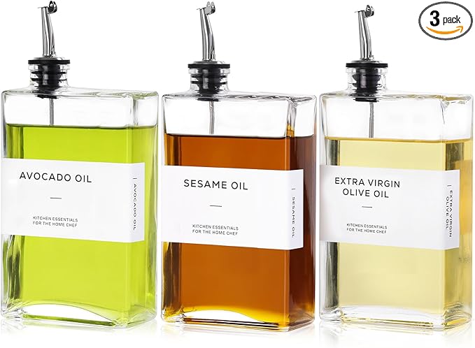 Olive Oil Dispenser Bottle for Kitchen, 3 Pack Glass Oil and Vinegar Dispenser Set, Elegant Book Design, Durable, Leak-Proof, Easy-Pour Spouts, Perfect for Kitchen, Dining Table (12oz)