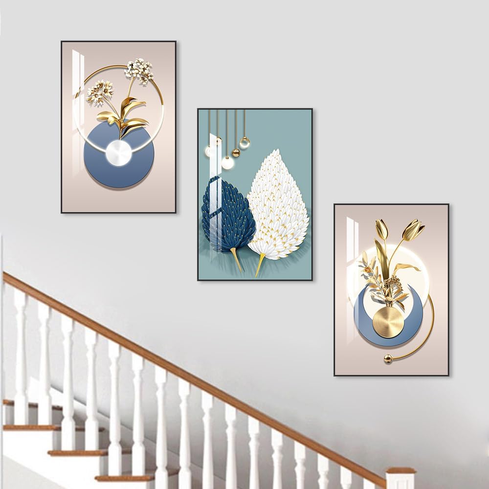 MPLONG Abstract Modern Minimalist Natural Framed Decorative Painting Bright style Wall Art Set of 3Wall Decor for Living Room, Bedroom, Dining Room, Office, etc. (Blue, 24 "X 32" X 3 pieces)