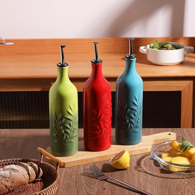 Sweejar Large Ceramic Olive Oil Dispenser Bottle, 24 Oz Relief Opaque Oil Cruet Protects Oil To Reduce Oxidation, Storage Vinegar, Soy Sauce, Coffee Syrup, Liquids, Set of 1 (Red)