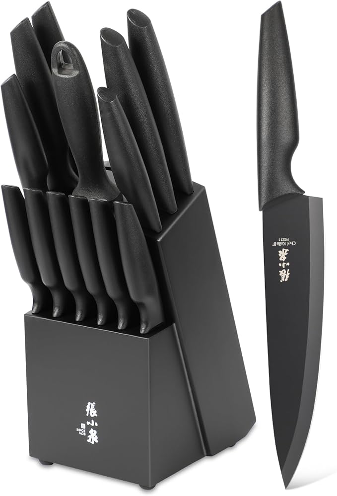 Zhang Xiao Quan Since 1628 15-Piece Kitchen Knife Block Set with Sharpening Steel Knive Set Ergonomic Handle Dishwasher Safe(Black)