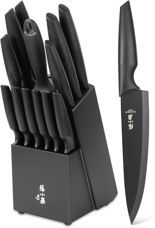 Zhang Xiao Quan Since 1628 15-Piece Kitchen Knife Block Set with Sharpening Steel Knive Set Ergonomic Handle Dishwasher Safe(Black)