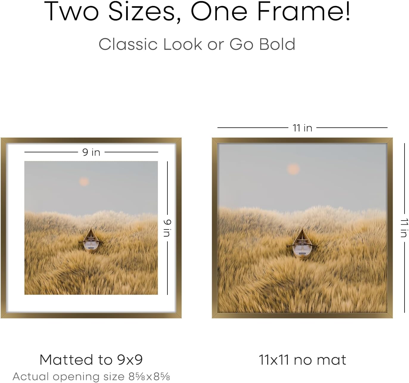 Homeforia 11x11 Picture Frame Brass, High End Metal 11 by 11 Square Bronze Frames with Mat 9 x 9 Photo, 11by11 Poster Frame Matted to 9x9 Print, Wall Hanging Frames, Tempered Glass, Wall Kit, Set of 1