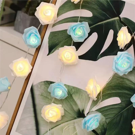 Everlasting Splashes LED Rose Flower Fairy String Lights Battery Operated Flashing Light Romantic Proposal Wedding Birthday Christmas Thanksgiving DIY Indoor Outdoor Decorations (Blue & Soft White)