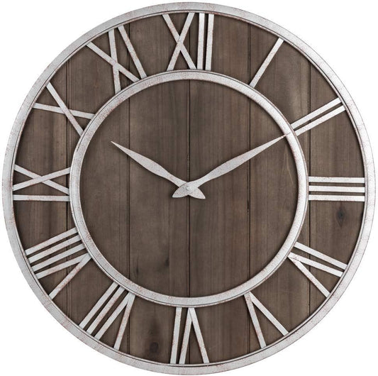 Oldtown Farmhouse Metal & Solid Wood Noiseless Wall Clock (Dark Brown, 30-inch)