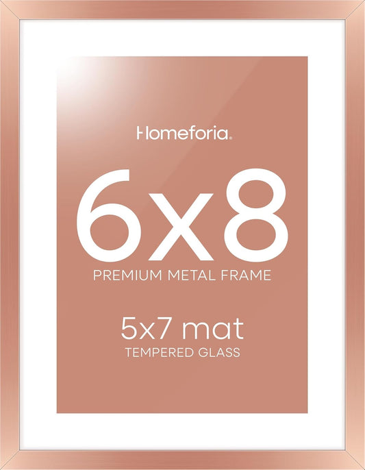 Homeforia Rose Gold 6x8 Picture Frame, High End Metal 6 x 8 Frames with Mat 5 x 7 for Print, 6by8 Desk Frame Matted to 5x7 inch Photo, 6 by 8 Wall or Tabletop Frame, Tempered Glass, Wall Kit, Set of 1