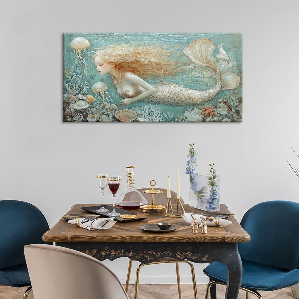 LASMOND Ocean Mermaid Wall Art for Girls Room Modern Canvas Prints Marine Organism Underwater World Sea Creatures Artwork Paintings Women Bedroom Wall Decor (30x16 Inches)