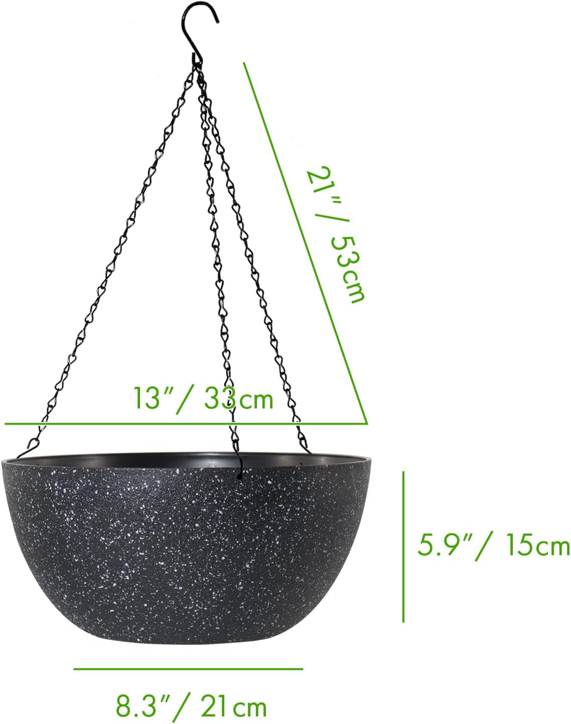 WOUSIWER 13 inch 2Pack Large Hanging Planters for Outdoor Indoor Plants with Drainage Holes and Chain, Round Hanging Flower Pots for Garden Home Porch Decor, Black Speckles