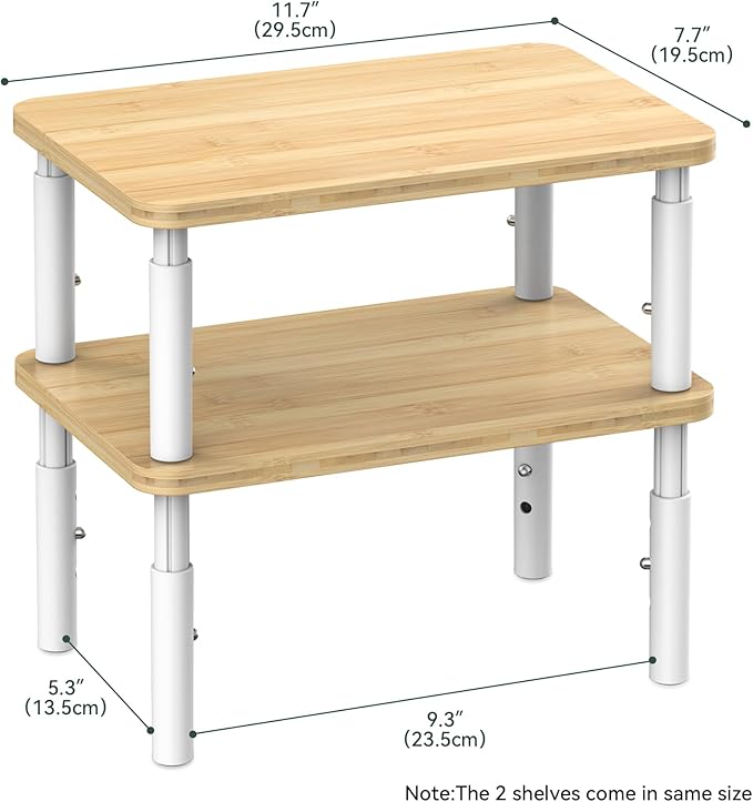 Cabinet Organizer Shelf, Spice Rack Set of 2 Kitchen Pantry Cupboard Shelves, Stackable, Height Adjustable, Natural Bamboo (11.7" W)