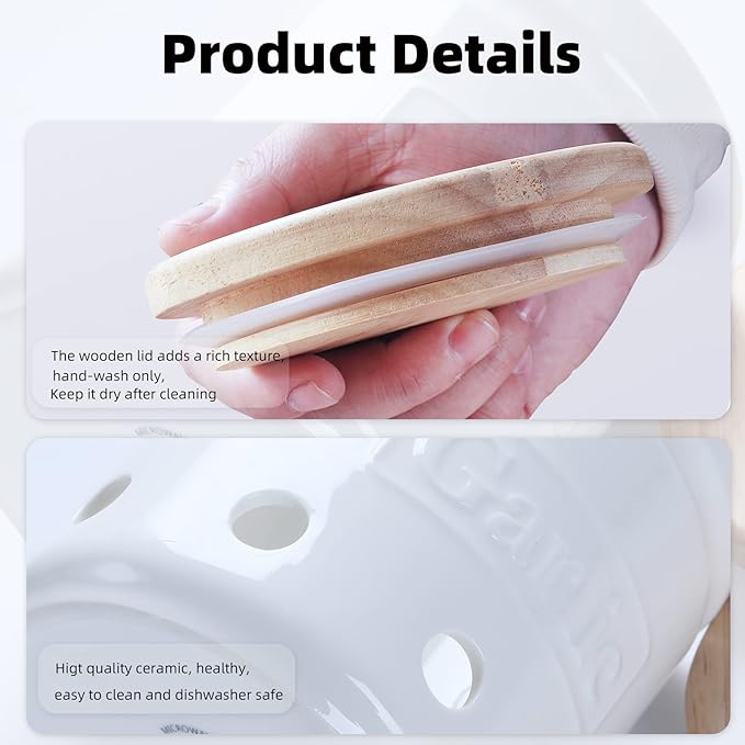 Large Garlic Keeper with Wooden Lid, Ceramic Garlic Holder Storage, Garlic Container for Kitchen, Garlic Saver to Keep Your Garlic Cloves Fresh Longer 4.5-Inch, White