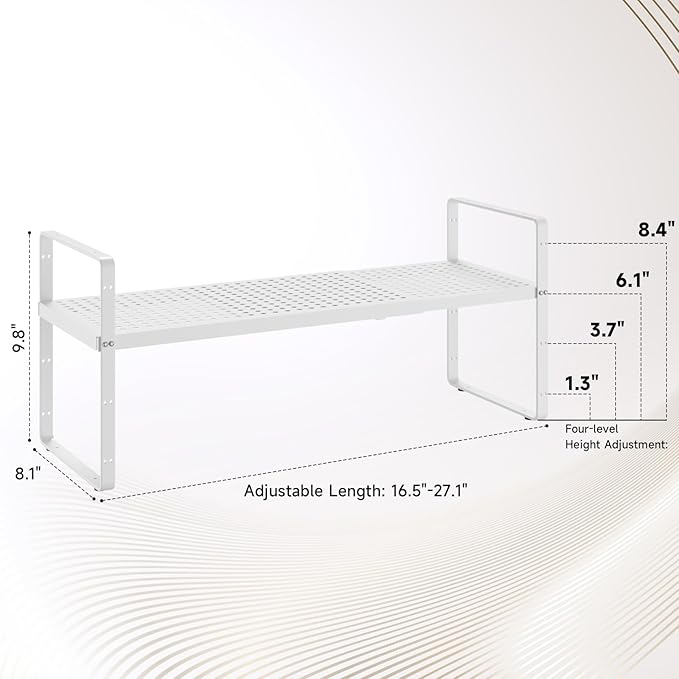 Hole Pattern Expandable Shelf Organizer,2Pack 8.1" Wide Easy to Assemble Cabinet Organizer Shelf, 16.5~27.1" Adjustable Height&Stackable Spice Organization for Cupboard, White