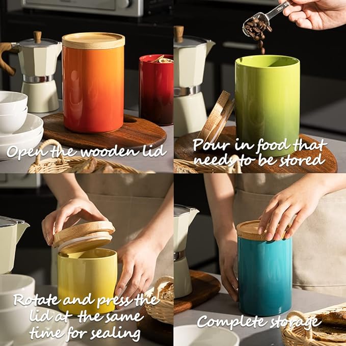 Sweejar Ceramic Food Storage Jar, Stackable Kitchen Canisters, Containers with Airtight Seal Wooden Lid for Serving Coffee Bean, Flour, Tea, Cookies, Spice and More - 58 Fl Oz (Gradient Blue)