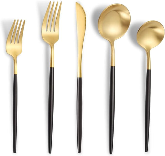 Matte Black Gold Silverware Set for 6,Modern Stainless Steel Brushed Cutlery Set,30-Pieces Heavy Duty Flatware Set,Knives Spoons and Forks Set Utensils Set, Satin Finish, Dishwasher Safe