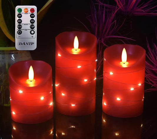 danip red LED flameless Candle with Embedded Star String, 3-Piece Set of LED Candles, with 11 Button Remote Control, 24-Hour Timer Function, Dancing Flames, Real Wax, Battery Powered. (Red)