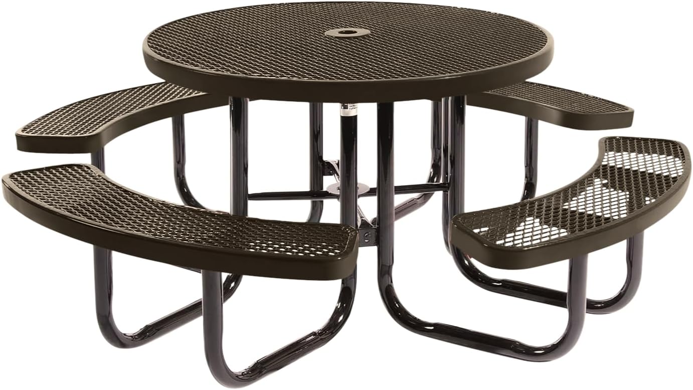 Coated Outdoor Furniture Heavy-Duty Portable Outdoor Picnic Table with Umbrella Hole, Expanded Metal Commercial-Grade Patio Dining Furniture Made in America (46" Round Top, Textured Brown)