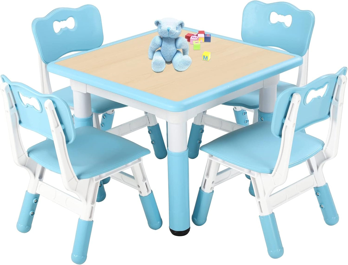FUNLIO Kids Table and 4 Chairs Set, Height Adjustable Toddler Table and Chair Set for Ages 3-8, Easy to Wipe Arts & Crafts Table, for Classrooms/Daycares/Homes, CPC & CE Approved (5-Piece Set) - Blue