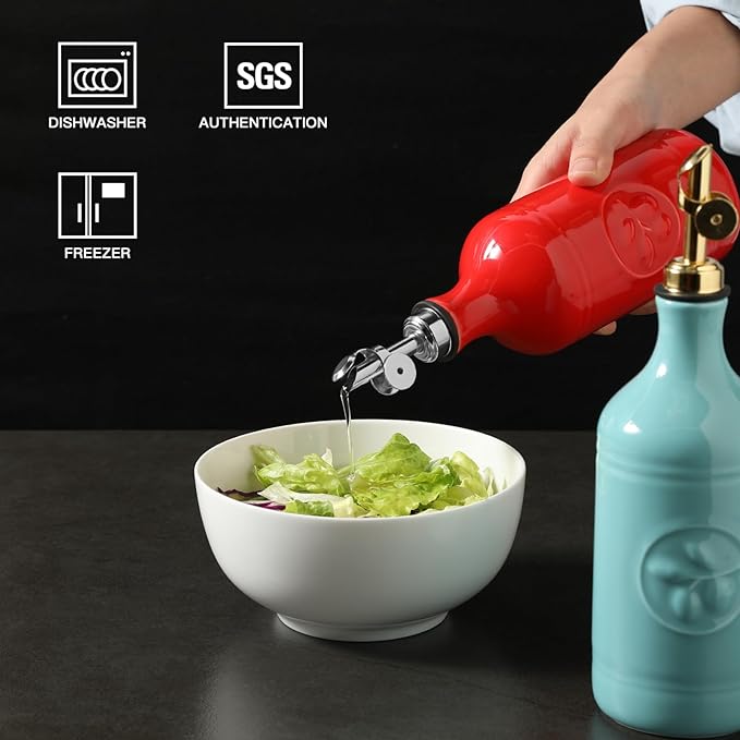 Sweejar 16 Oz Ceramic Olive Oil Dispenser Bottle, Oil Dispenser for Kitchen with Gravity Spout, Relief Opaque Vinegar Container for Evoo, Soy Sauce, 1 Pack(Red, Gold Spout)