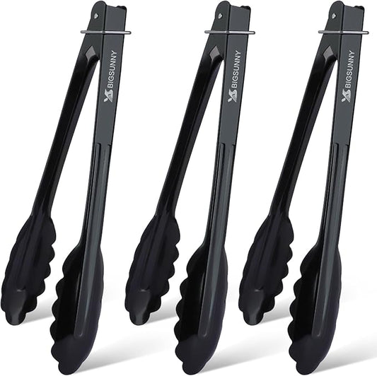 MSY BIGSUNNY 9 Inch Kitchen Food Tongs, Buffet Tongs, Serving Tongs, Black Aluminum Tongs - Set of 3