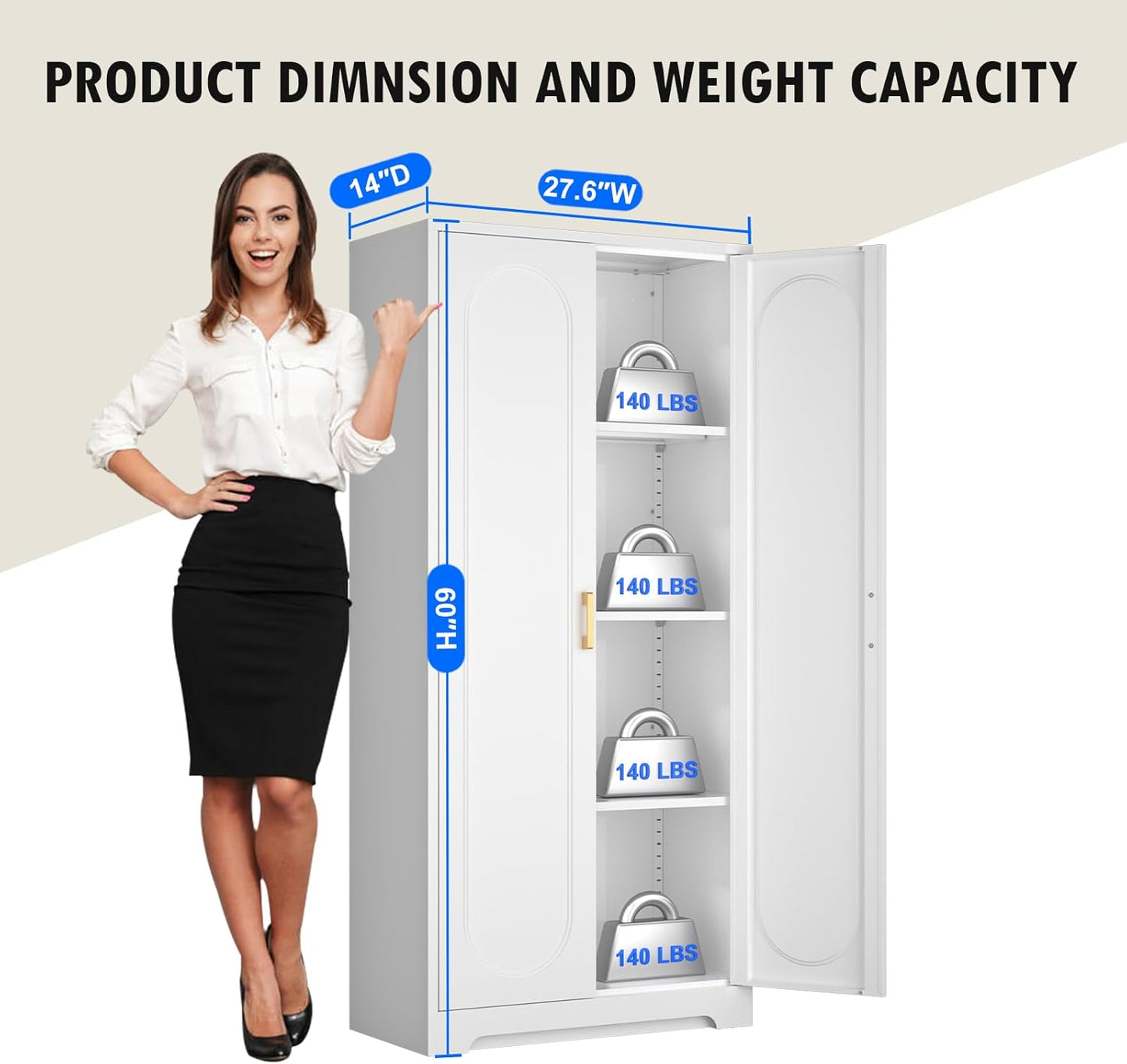 60" Tall Kitchen Pantry Cabinet, Metal Pantry Cabinet with Doors and Adjustable Shelves, White Utility Storage Cabinet with Handles for Dining Room, Bathroom, Laundry Room - Assemble Required