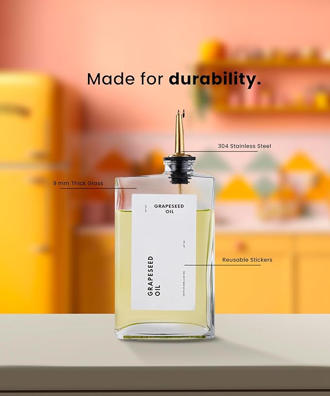 Olive Oil Dispenser for Kitchen, Cooking Oil and Vinegar Dispenser Set, Olive Oil Bottle, Soy sauce dispenser, coffee syrup bottles with stainless steel pourers - 4 pcs, Gold