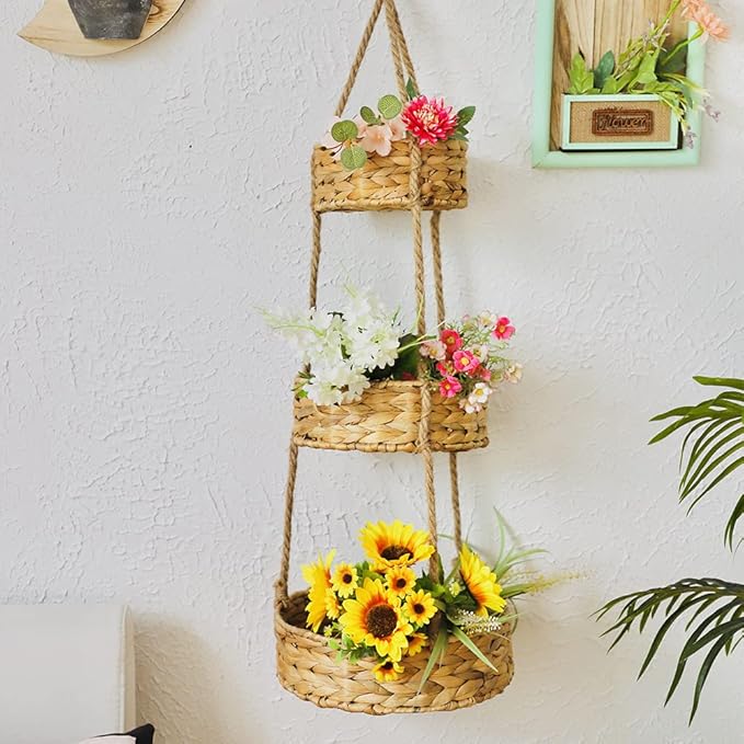 KINGWILLOW 3 Tier Hanging Fruit Basket, Handmade Natural Water Hyacinth Wall Vegetable Storage Baskets, Space Saver for Kitchen Organizing Plant Holder