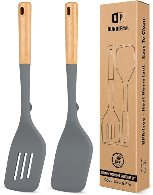 Pack of 2 Large Silicone Spatula, Heat Resistant Solid Turner, Non Stick Slotted Spatulas with Wooden Handle, Ideal Kitchen Utensils for Flipping, Pancakes, Eggs, Fish(GRAY)