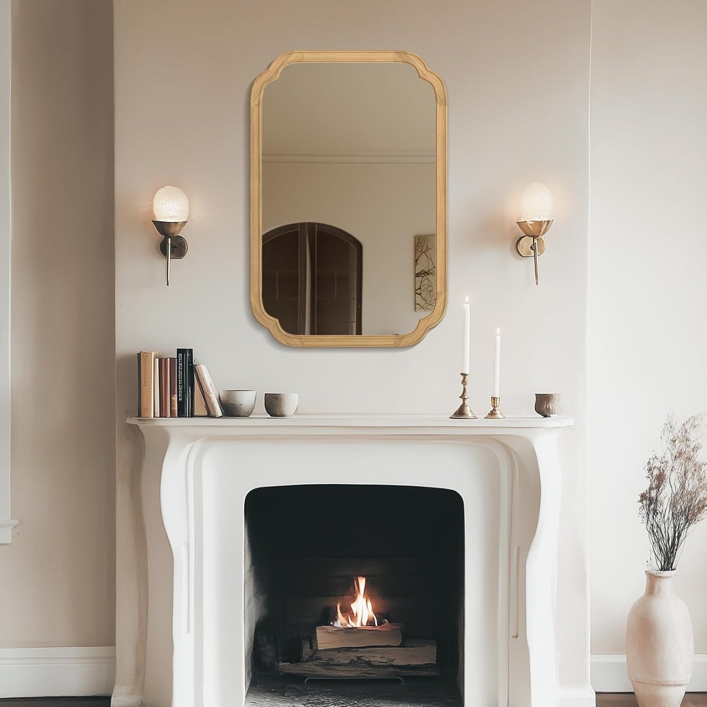 WallBeyond 20" x 30" Wood Mirror Rounded Corner Arch Wall Mirror with Wood Frame for Entryway, Living Room or Bedroom Home Decor [20" x 30" Natural Color]