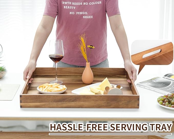 Extra Large Square Wood Tray, Generously 22" Acacia Serving Trays for Large Ottoman Coffee Table, Giant Square Shape Sofa Tray with Handles, Kitchen Organizer Storage Trays Huge Counter Serveware