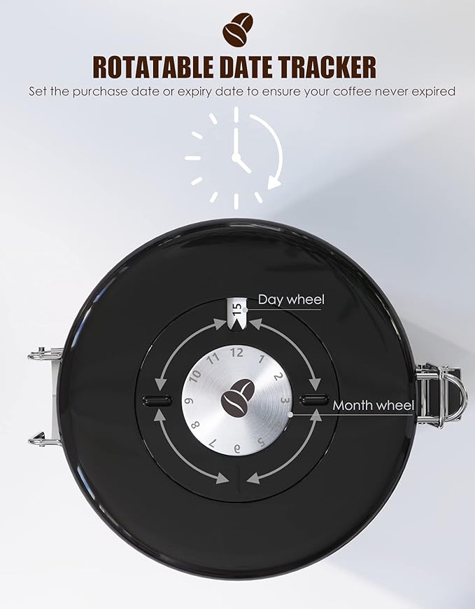 Airtight Coffee Canister, HAIOOU 22OZ Large Stainless Steel Coffee Bean Storage Container with Date Tracker, Measuring Scoop, 6Pcs CO2 Valves and Mini Tongs for Beans, Grounds, Sugar and more - Silver