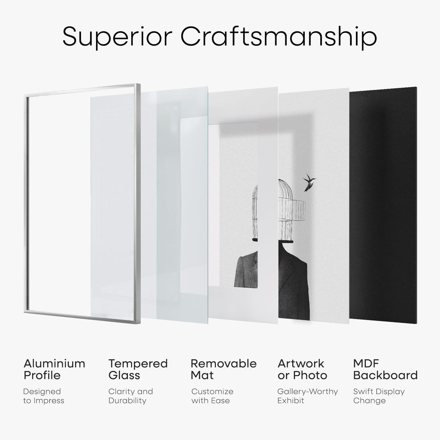 Homeforia 16x16 Silver Picture Frame, High End Metal 16 x 16 Square Frame with Mat 12 x 12 Photo, 16x16 Poster Frames Matted to 12x12 Print, 16 by 16 Hanging Frames, Tempered Glass, Wall Kit, Set of 1