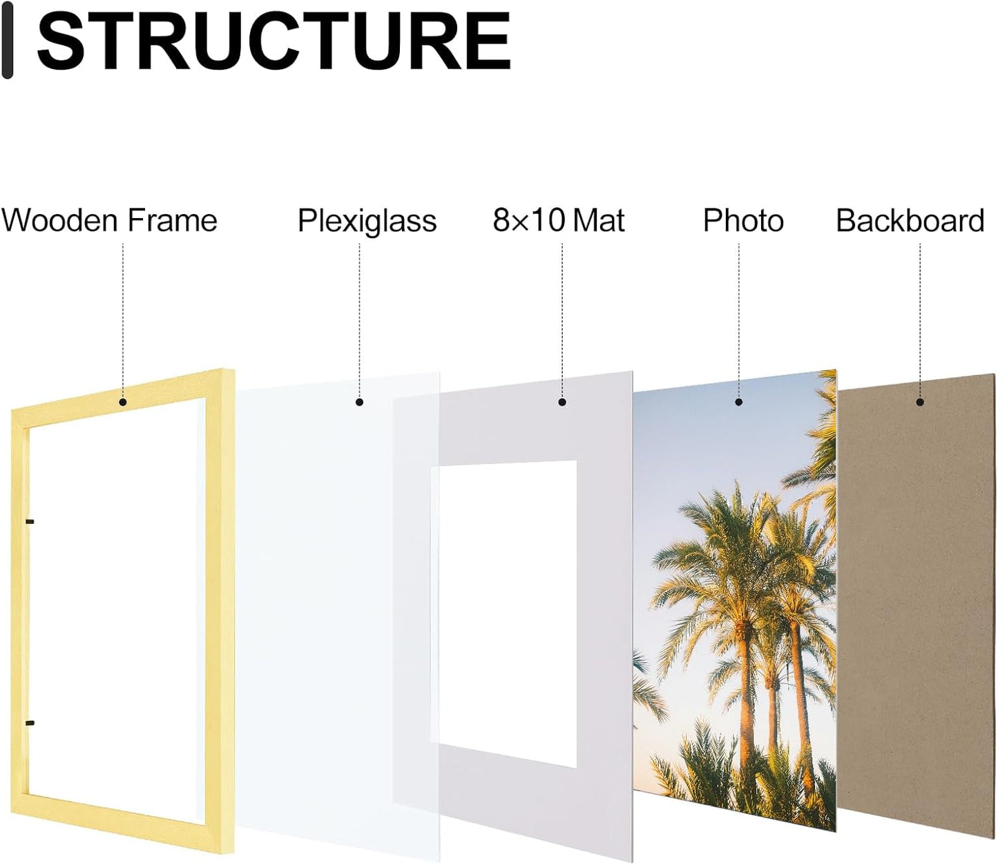 Vittanly 11x14 Picture Frames Set of 9, Shatter Resistant Plexiglass, Display 8x10 Pictures with Mat or 11x14 without Mat, Photo Frames for Wall or Tabletop, Engineered Wood, Gold