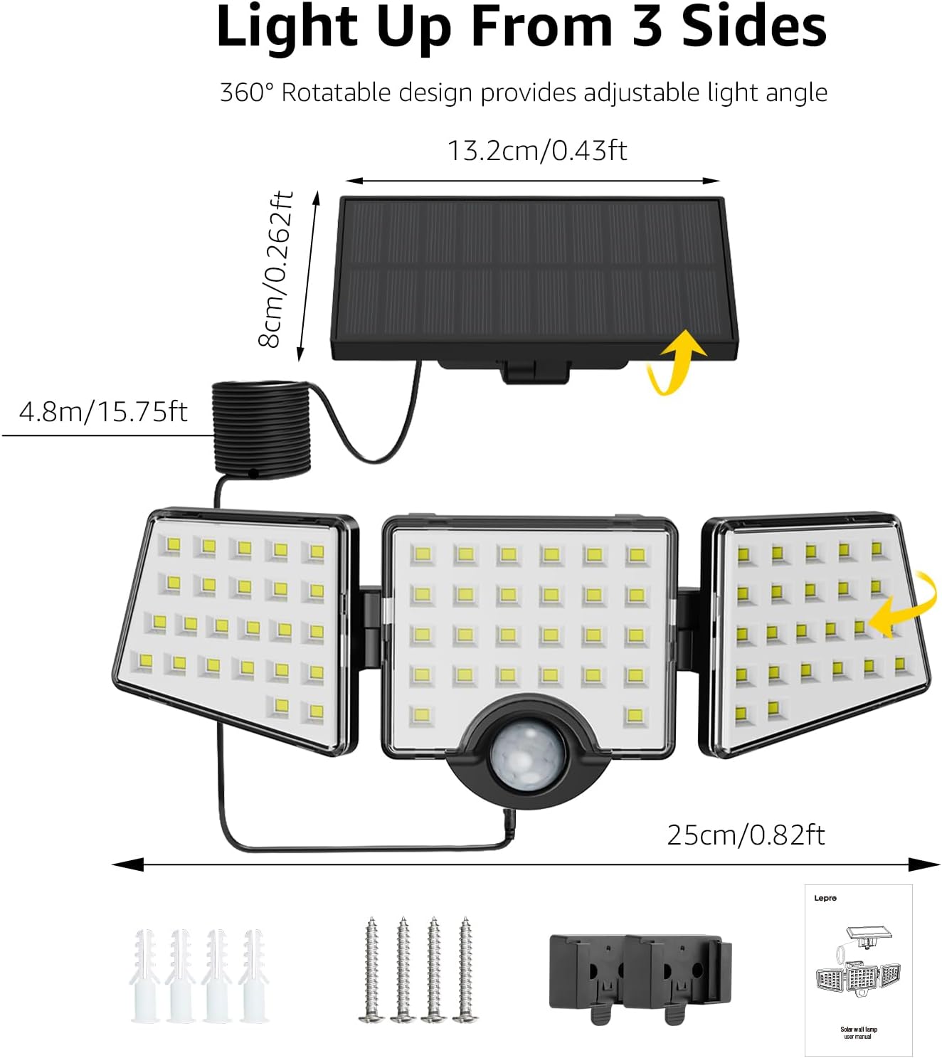 Solar Lights for Outside, WL5000 Motion Activated Security Lights, Separate Solar Panel, 3 Adjustable Head 270° Wide Lighting Angle, IP65 Waterproof Wall Lamp for Porch Yard Garage, 2 Packs