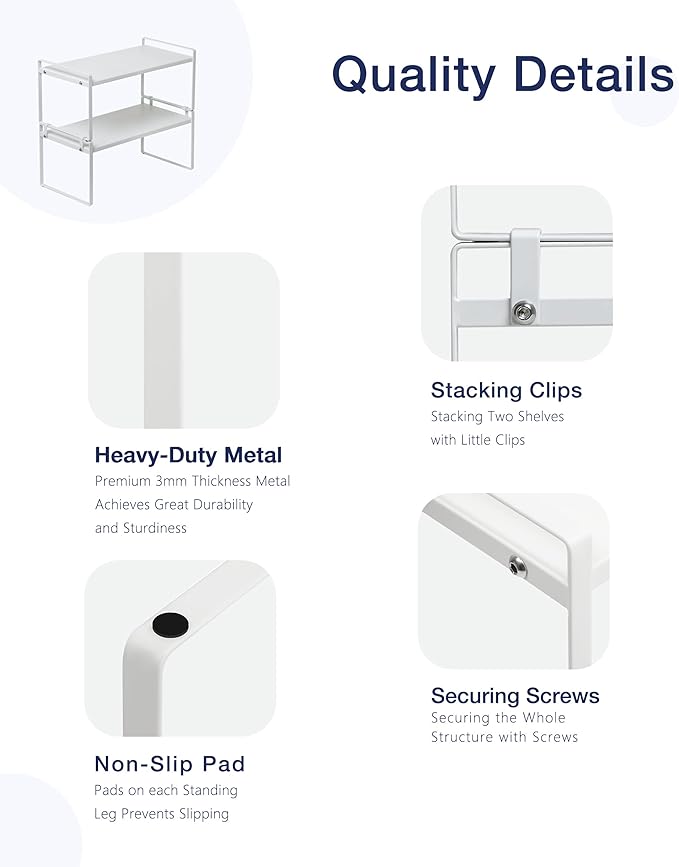 Nxconsu 2Pack Cabinet Shelves Stackable Shelf Organizer Rack Riser for Kitchen Cabinet Pantry Cupboard Counter Countertop Home Organization Storage Space Saver Heavy Duty Metal Nonslip White