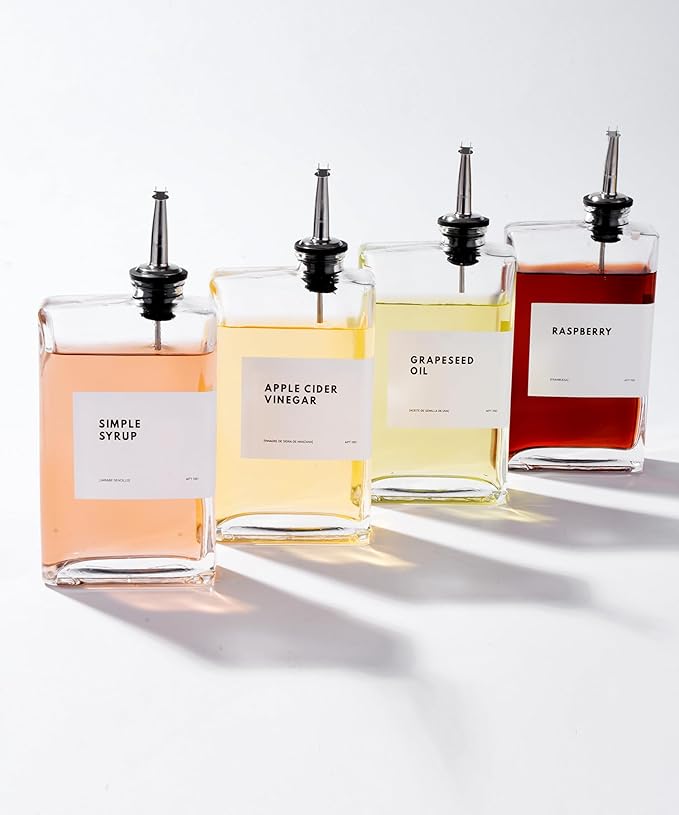 Olive Oil Dispenser for Kitchen, Cooking Oil Dispenser, Oil and Vinegar Dispenser Set, Olive Oil Bottle, Soy sauce dispenser, coffee syrup bottles - 4 pcs, Silver