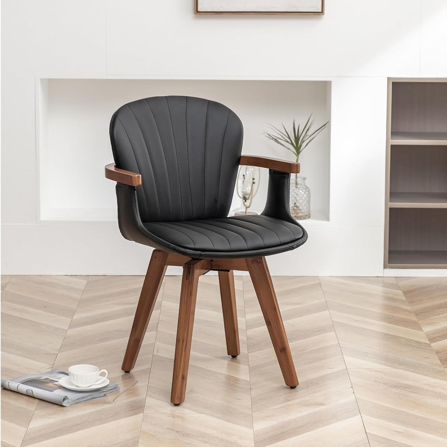 LUNLING Swivel Dining Chairs, Mid Century Modern Black Faux Leather Kitchen Chairs with Arms,Bamboo Legs Side Chairs No Wheels,Accent Chair for Dining Rooms and Offices,1PCS